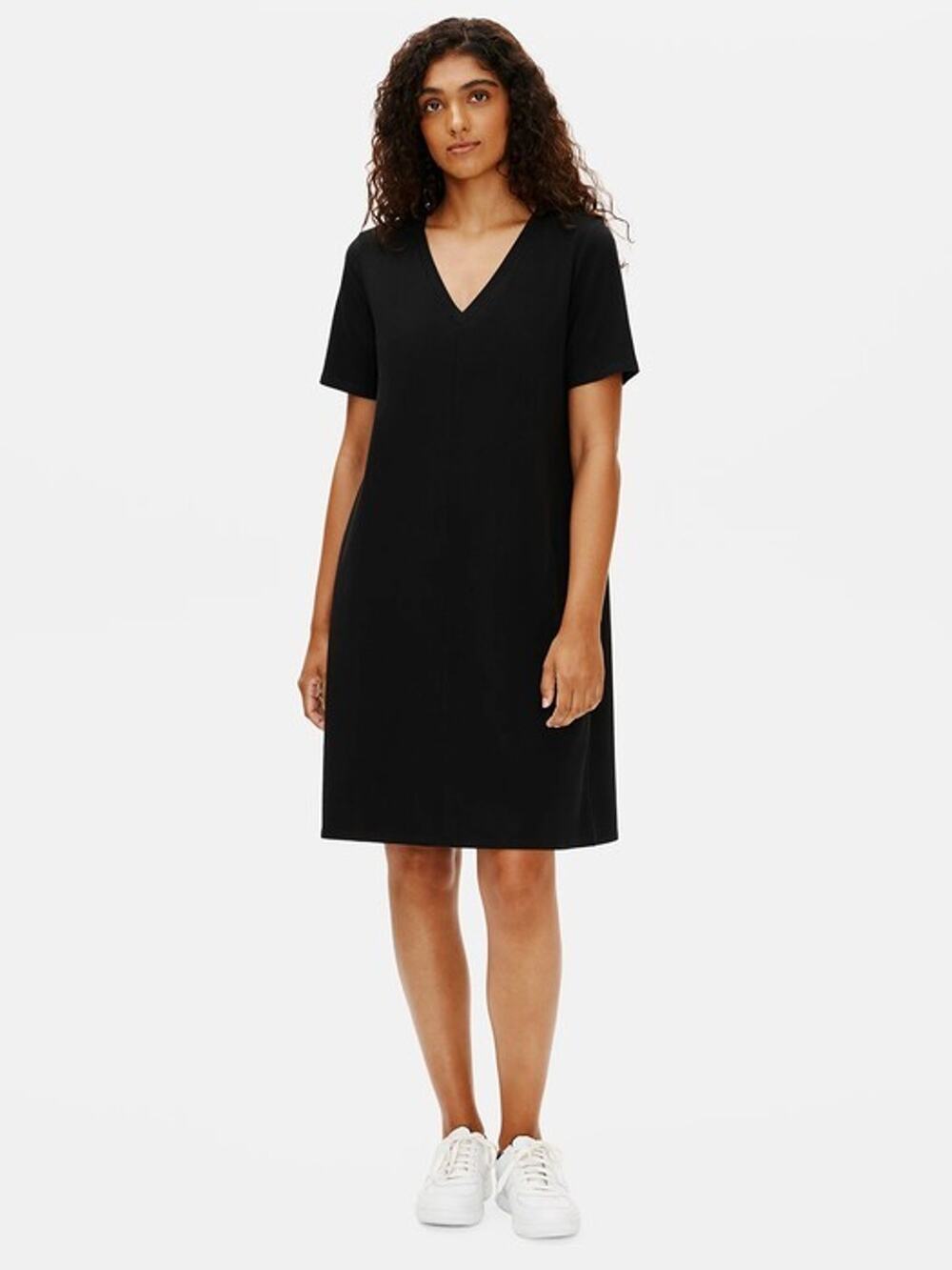 Eileen Fisher Organic Cotton Black V Neck Jersey Mini Dress PS